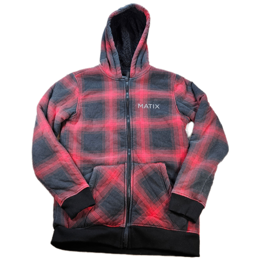 MATIX Hoodie Red Black Plaid Youth Large Full Zip Sherpa Lined Cotton Blend